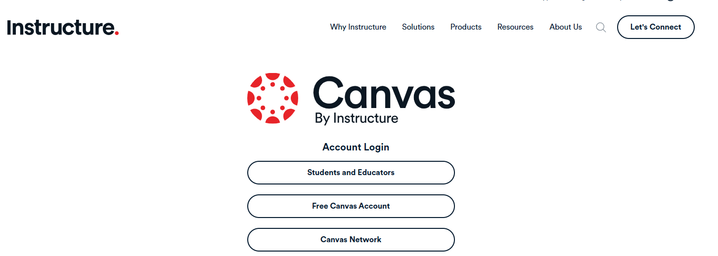 An Instructure branded page featuring the Canvas logo and different account login options