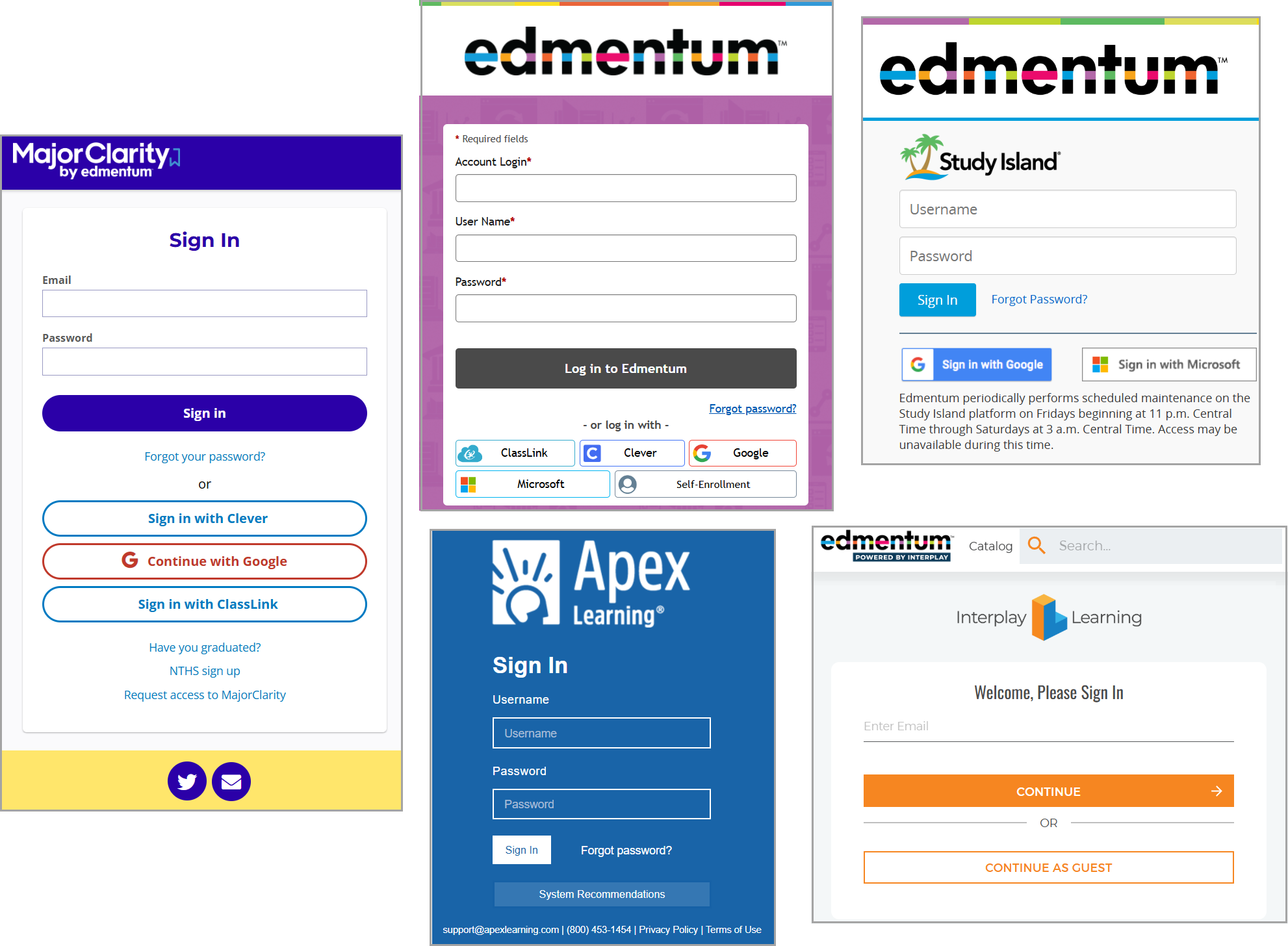 An Edmentum branded page with different login options